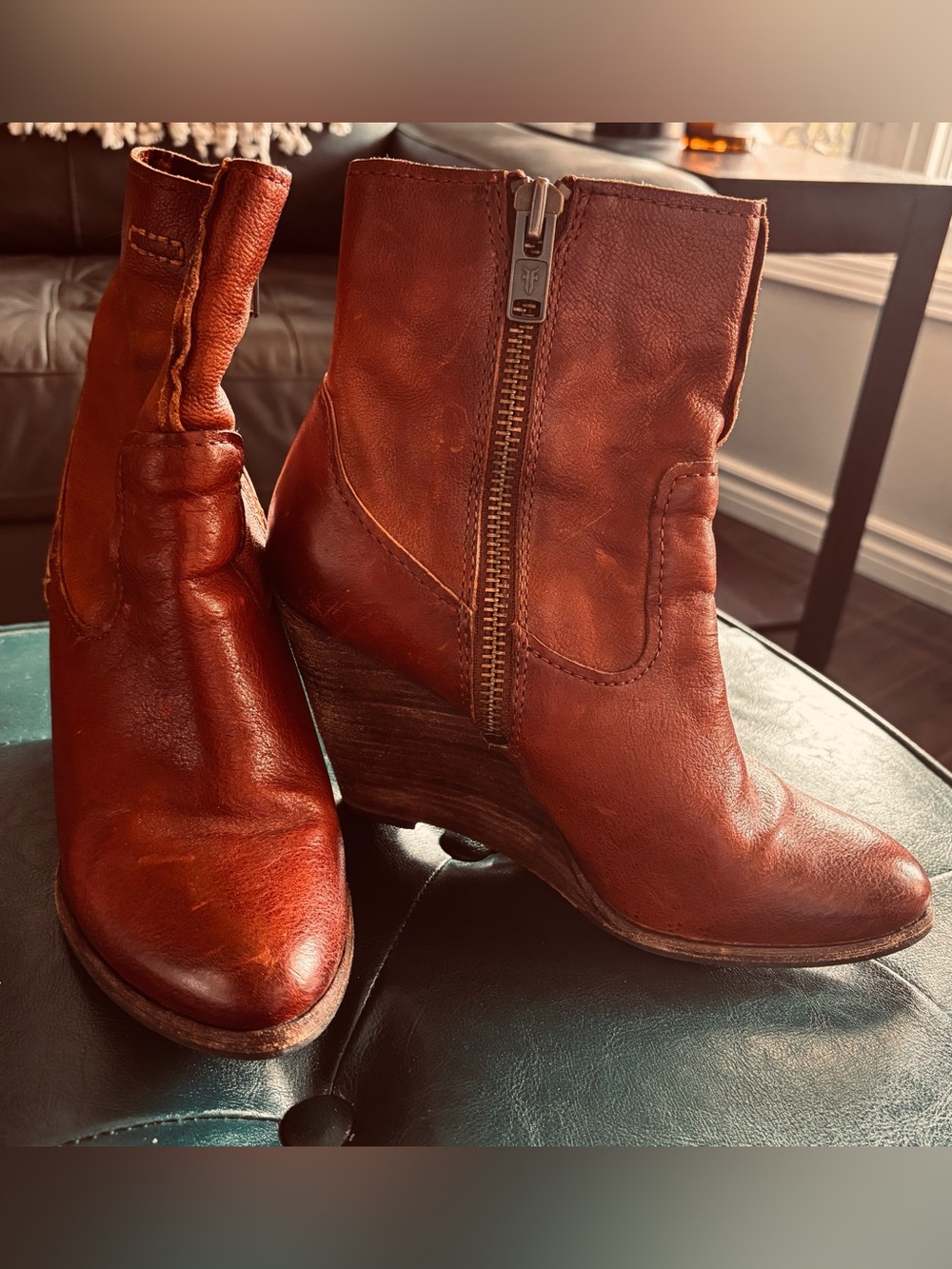Frye Cognac Leather Wedge Ankle Booties with Side Zip